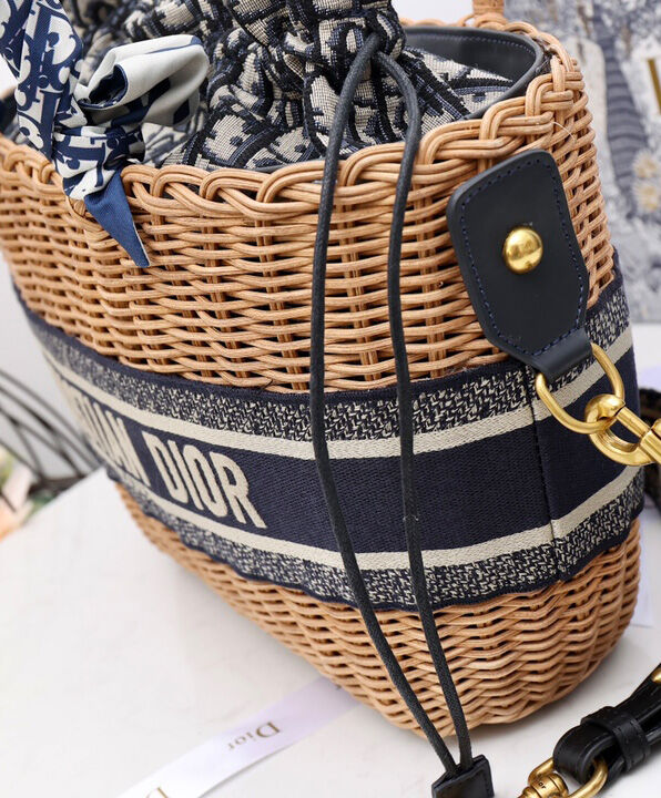 Christian Dior Wicker Basket Canvas with Leather Bag Apricot